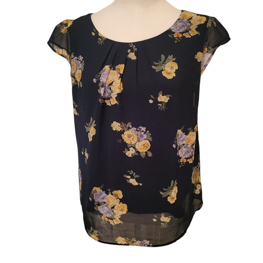 Lily White Floral Blouse Blue sz S